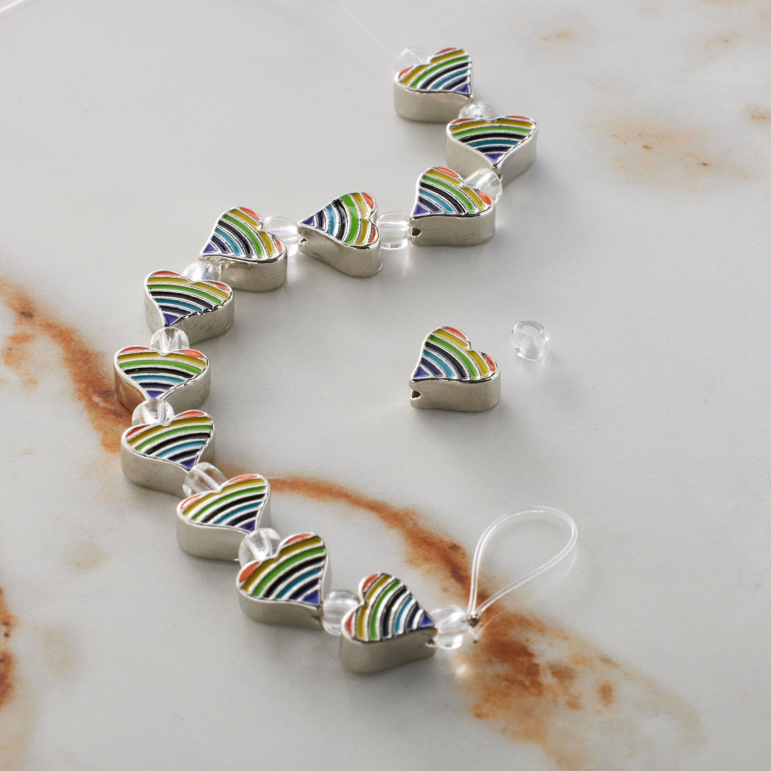 Rainbow Stripe & Rhodium Heart Beads, 9mm by Bead Landing™ - Image 2